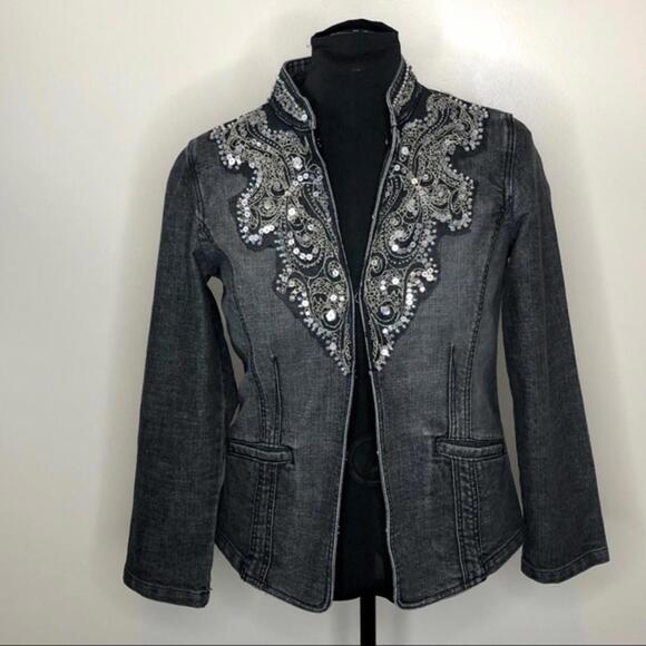 Chicos Heritage Denim‎ Beaded Jean Jacket Sz M or 1 - Picture 3 of 10